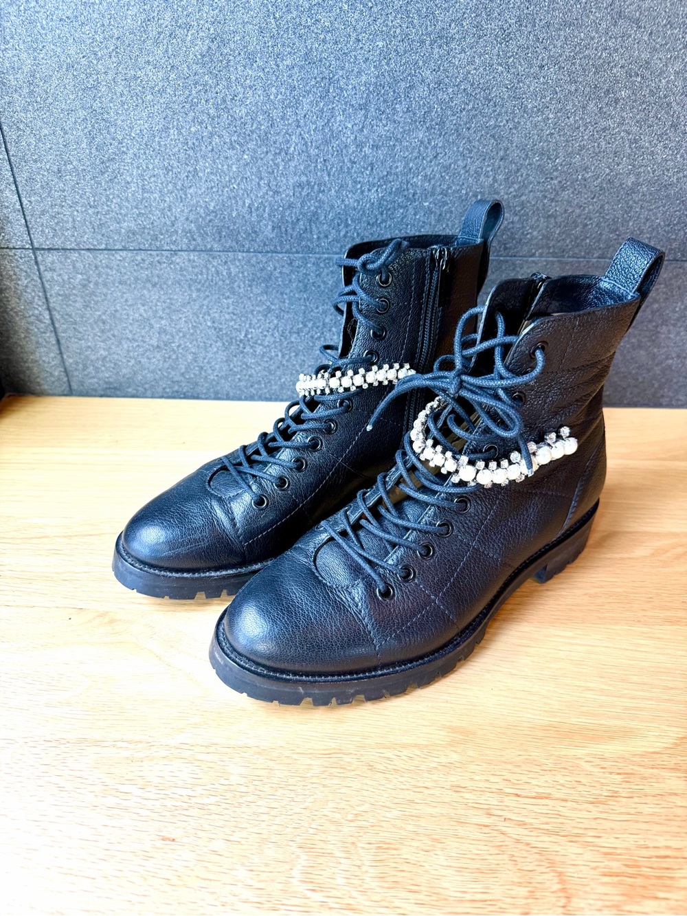 Jimmy Choo Black Leather Lace-Up Combat Boots with Pearl Chain Detail